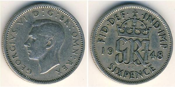 1 Sixpence / 6 Penny Feriind Kiningrik (1922-) Argent George VI (1895-1952)