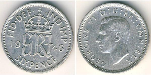 1 Sixpence / 6 Penny Regno Unito (1922-) Argento Giorgio VI (1895-1952)