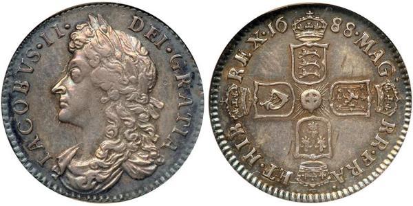 1 Sixpence / 6 Penny Reino de Inglaterra (927-1649,1660-1707) Plata Jacobo II (1633-1701)