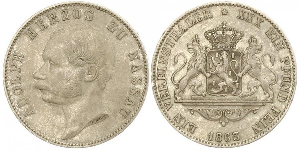 1 Thaler Herzogtum Nassau (1806 - 1866) Silber Adolph (Luxemburg)