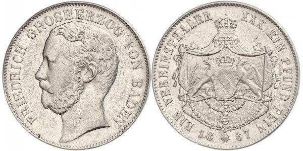 1 Thaler Grand Duchy of Baden (1806-1918) Silver Frederick I, Grand Duke of Baden (1826 - 1907)