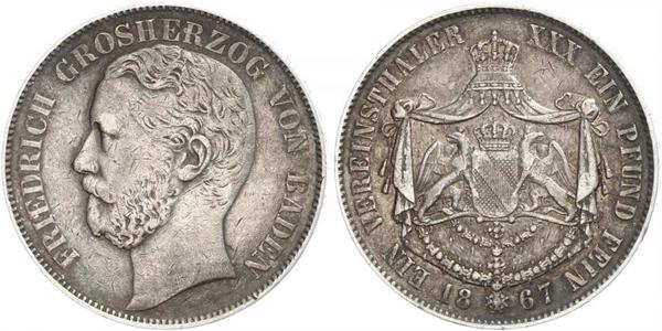 1 Thaler Grand Duchy of Baden (1806-1918) Silver Frederick I, Grand Duke of Baden (1826 - 1907)