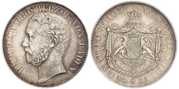 1 Thaler Grand Duchy of Baden (1806-1918) Silver Frederick I, Grand Duke of Baden (1826 - 1907)