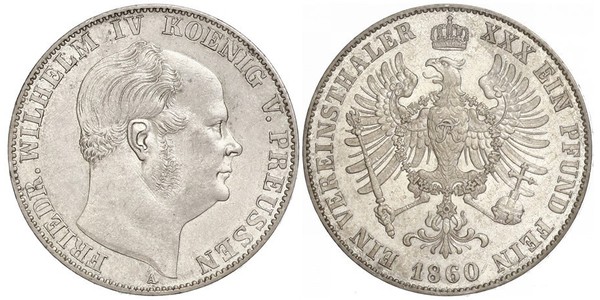 1 Thaler 普魯士王國 (1701 - 1918) 銀 腓特烈·威廉四世 (1795 - 1861)