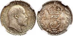1 Threepence / 3 Пені Сполучене королівство Великобританії та Ірландії (1801-1922) Срібло Едвард VII (1841-1910)