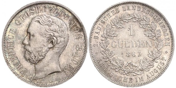 1 Гульден Велике герцогство Баден (1806-1918) Срібло Frederick I, Grand Duke of Baden (1826 - 1907)