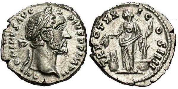 1 Денарий Римская империя (27BC-395) Серебро Антонин Пий  (86-161)