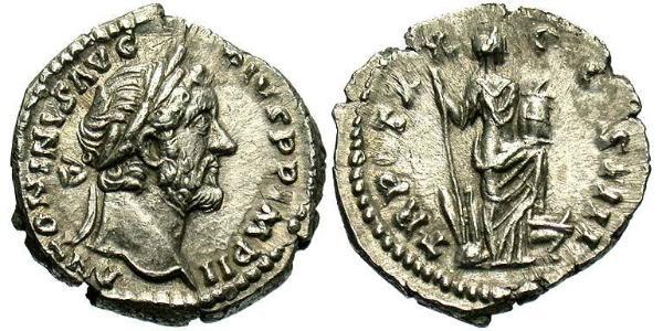 1 Денарий Римская империя (27BC-395) Серебро Антонин Пий  (86-161)