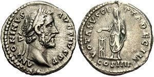 1 Денарій Римська імперія (27BC-395) Срібло Антоній Пій  (86-161)