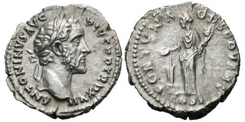 1 Денарій Римська імперія (27BC-395) Срібло Антоній Пій  (86-161)