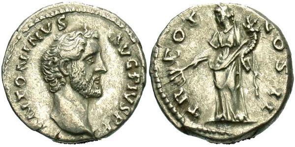 1 Денарій Римська імперія (27BC-395) Срібло Антоній Пій  (86-161)