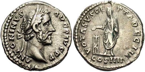 1 Денарій Римська імперія (27BC-395) Срібло Антоній Пій  (86-161)