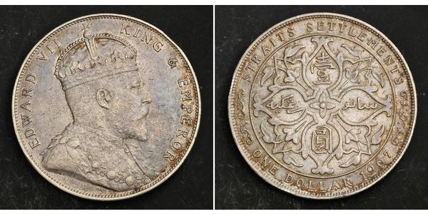 1 Долар Стрейтс-Сетлментс (1826 - 1946) Срібло Едвард VII (1841-1910)