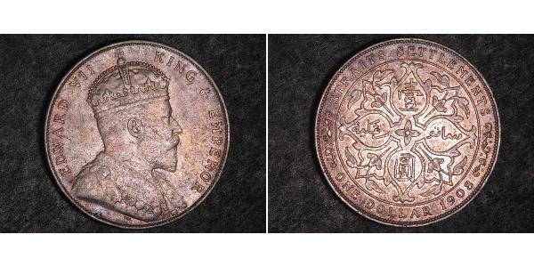 1 Долар Стрейтс-Сетлментс (1826 - 1946) Срібло Едвард VII (1841-1910)