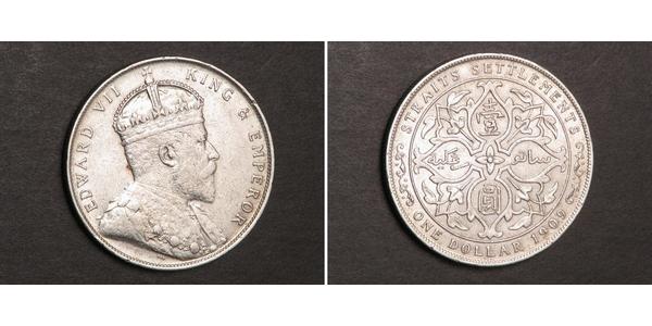 1 Доллар Стрейтс-Сетлментс (1826 - 1946) Серебро Эдуард VII (1841-1910)