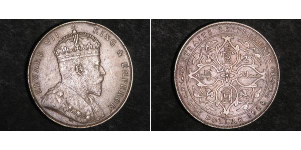 1 Доллар Стрейтс-Сетлментс (1826 - 1946) Серебро Эдуард VII (1841-1910)