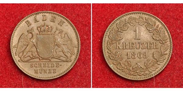 1 Крейцер Великое герцогство Баден (1806-1918) Медь Фридрих I (великий герцог Баденский) (1826 - 1907)