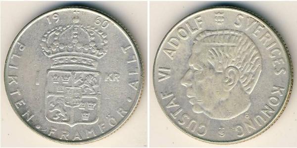 1 Крона Швеція Срібло Густав VI (1882 - 1973)