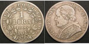 1 Лира Папская область (752-1870) Серебро Пий IX (1792- 1878)