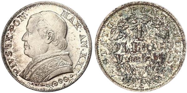 1 Лира Папская область (752-1870) Серебро Пий IX (1792- 1878)