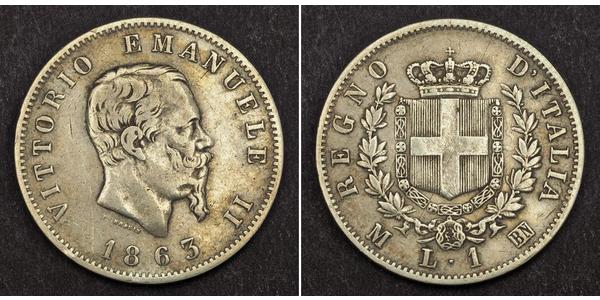 1 Ліра Kingdom of Italy (1861-1946) Срібло Victor Emmanuel II of Italy (1820 - 1878)