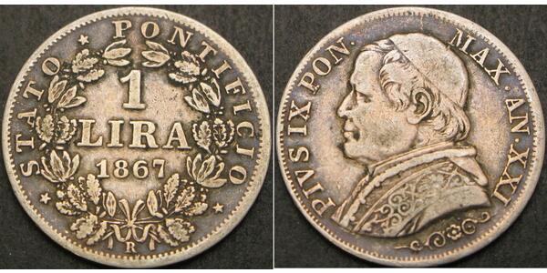 1 Ліра Папська держава (752-1870) Срібло Пій IX (1792- 1878)
