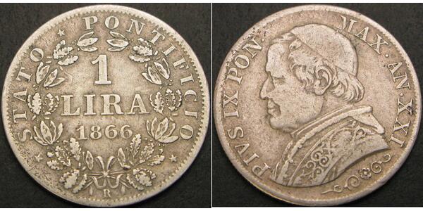 1 Ліра Папська держава (752-1870) Срібло Пій IX (1792- 1878)