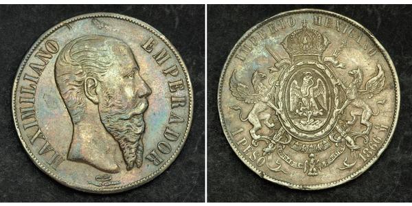 1 Песо Вторая Мексиканская империя (1864 - 1867) Серебро Maximilian I of Mexico (1832 - 1867)