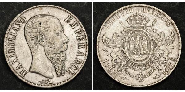 1 Песо Second Mexican Empire (1864 - 1867) Срібло Maximilian I of Mexico (1832 - 1867)
