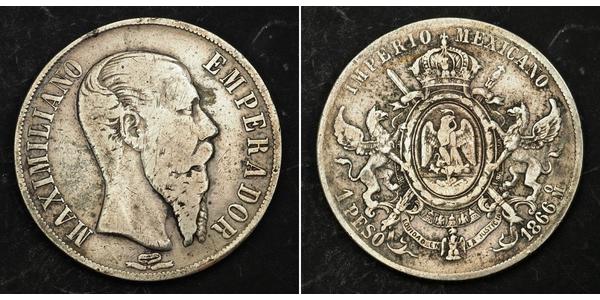 1 Песо Second Mexican Empire (1864 - 1867) Срібло Maximilian I of Mexico (1832 - 1867)