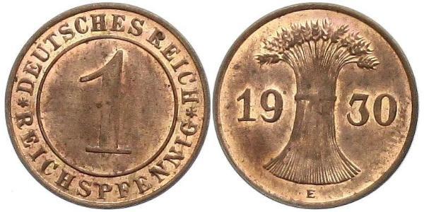 1 Рейхспфеніг / 1 Пфеніг Веймарська республіка (1918-1933) Бронза 