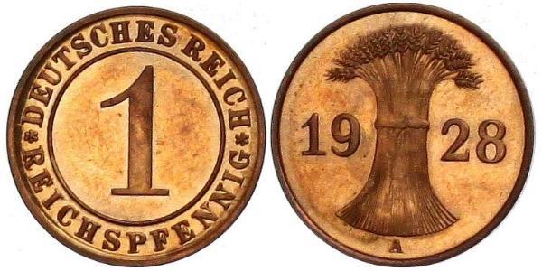 1 Рейхспфеніг / 1 Пфеніг Веймарська республіка (1918-1933) Бронза 