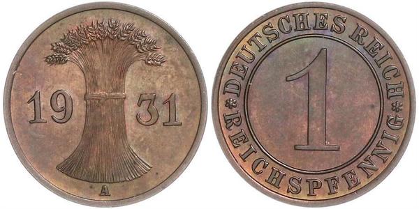 1 Рейхспфеніг / 1 Пфеніг Веймарська республіка (1918-1933) Бронза 