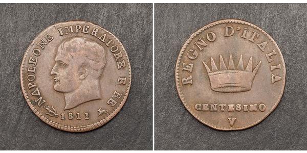 1 Сентесимо Королевство Италия (наполеоновское) (1805–1814) Медь Наполеон I(1769 - 1821)