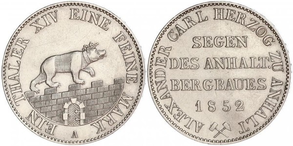 1 Талер Ангальт-Бернбург (1603 - 1863) Серебро Александр Карл ,герцог Ангальт-Бернбурга,(1805 – 1863)