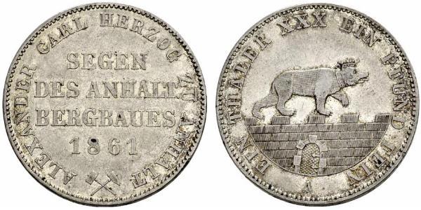 1 Талер Ангальт-Бернбург (1603 - 1863) Срібло Alexander Karl, Duke of Anhalt-Bernburg (1805 – 1863)