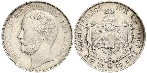 1 Талер Велике герцогство Баден (1806-1918) Срібло Frederick I, Grand Duke of Baden (1826 - 1907)