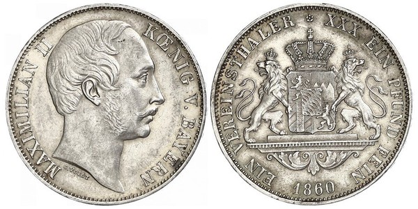 1 Талер Королівство Баварія (1806 - 1918) Срібло Максиміліан II (король Баварії)(1811 - 1864)