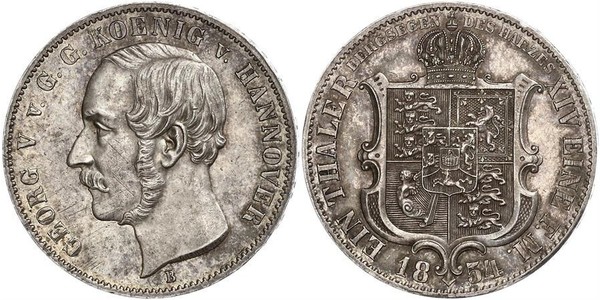 1 Талер Королівство Ганновер (1814 - 1866) Срібло Георг V (король Ганновера) (1819 - 1878)