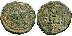1 Фоллис Византийская империя (330-1453) Бронза Юстин II (520-578)
