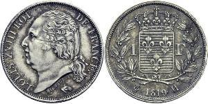 1 Франк Kingdom of France (1815-1830) / Франция Серебро Людовик XVIII (1755-1824)