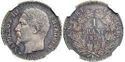 1 Франк Вторая французская империя (1852-1870) Серебро Наполеон III Бонапарт (1808-1873)