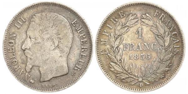 1 Франк Вторая французская империя (1852-1870) Серебро Наполеон III Бонапарт (1808-1873)
