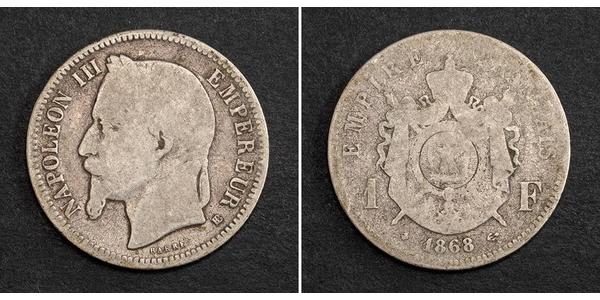 1 Франк Вторая французская империя (1852-1870) Серебро Наполеон III Бонапарт (1808-1873)