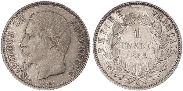 1 Франк Вторая французская империя (1852-1870) Серебро Наполеон III Бонапарт (1808-1873)