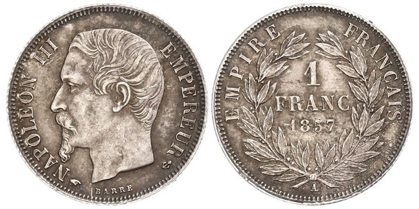 1 Франк Вторая французская империя (1852-1870) Серебро Наполеон III Бонапарт (1808-1873)