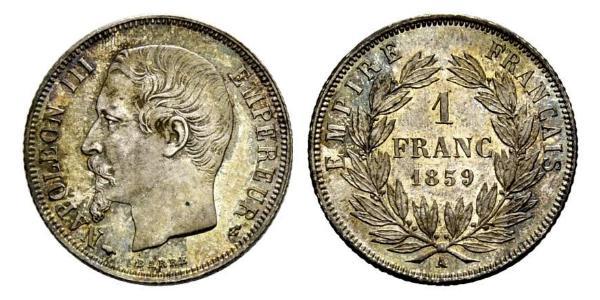 1 Франк Вторая французская империя (1852-1870) Серебро Наполеон III Бонапарт (1808-1873)