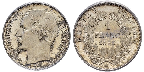 1 Франк Вторая французская империя (1852-1870) Серебро Наполеон III Бонапарт (1808-1873)