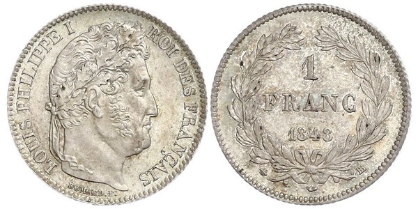 1 Франк Июльская монархия (1830-1848) Серебро Луи-Филипп I (1773 -1850)