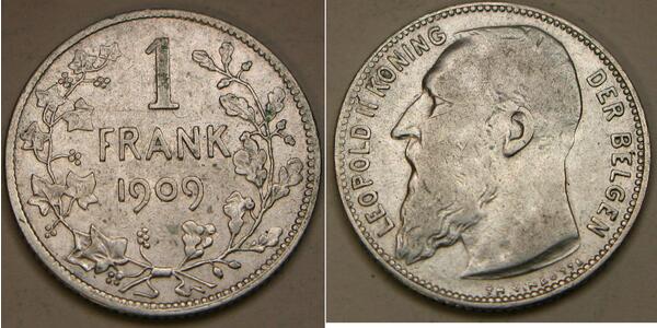 1 Франк Бельгія Срібло Леопольд II (1835 - 1909)